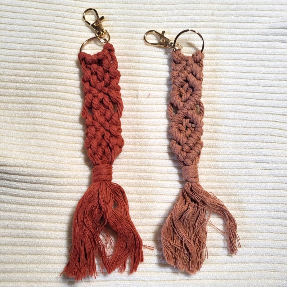 TWO Macramé Keychains Purse Charms  Rose And Rust Color